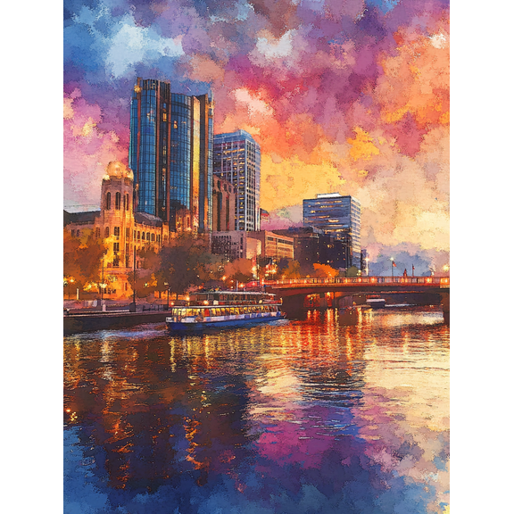 Cityscape Sunset River Canvas Art Print Perfect for Living Room Bedroom Office Kitchen and Hotel Decoration.