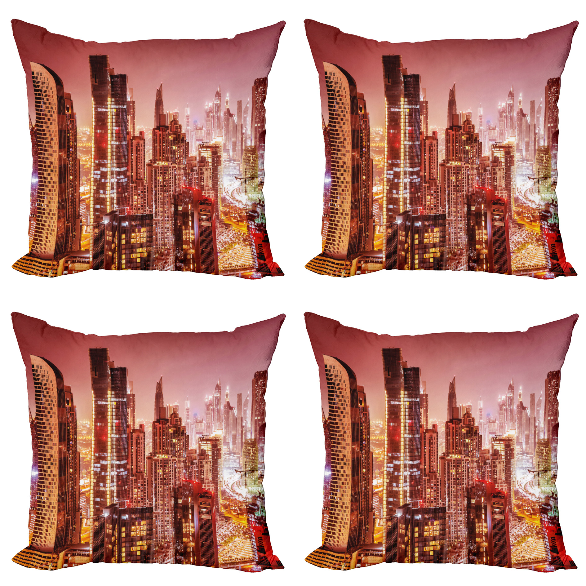 Cityscape Throw Pillow Cushion Case Pack of 4, Dubai at Night Scenery