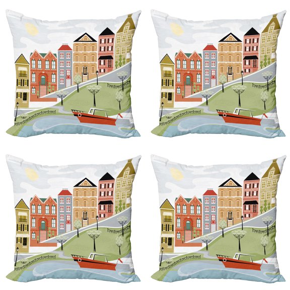 Ambesonne Cartoon Throw Pillow Cover 4 Pack, Quaint Village Street, 16", Green Teal