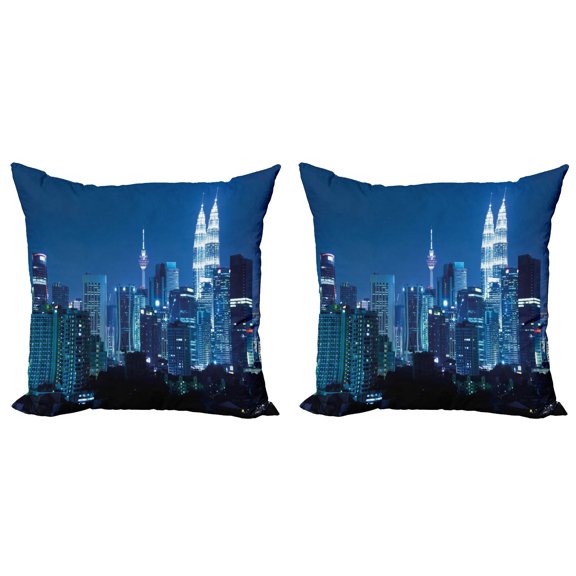 Ambesonne Landscape Throw Pillow Cover 2 Pack, Kuala Lumpur Skyline, 16", Navy Black
