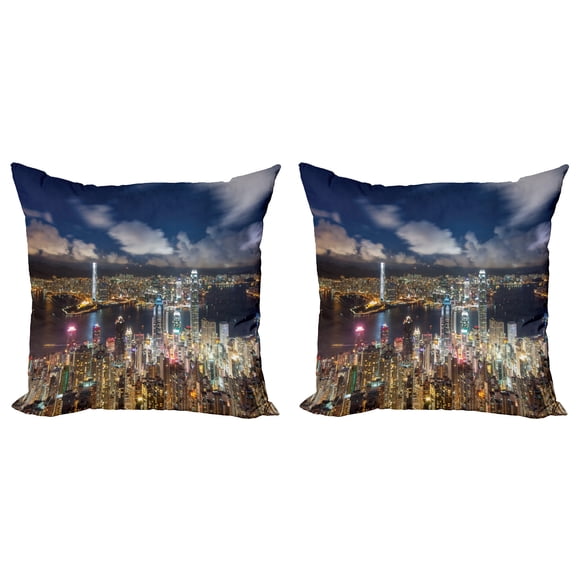 Ambesonne Scenery Throw Pillow Cover 2 Pack, Night View Hong Kong, 16", Navy White