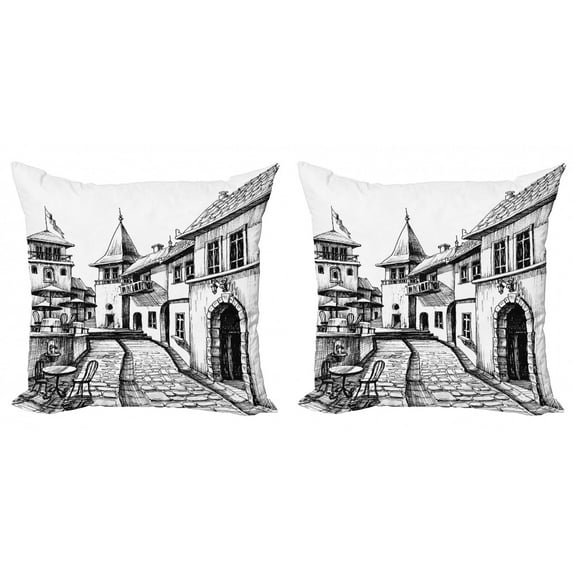 Ambesonne Rustic Throw Pillow Cover 2 Pack, Old Town Street Peaceful, 20", Black White