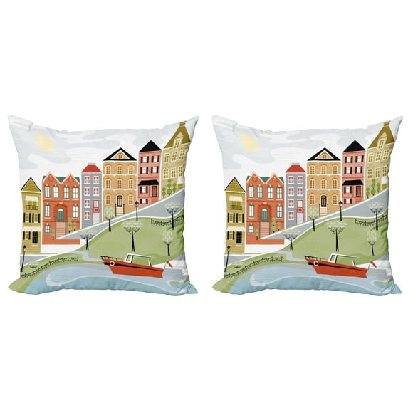 Ambesonne Cartoon Throw Pillow Cover 2 Pack, Quaint Village Street, 24", Green Teal