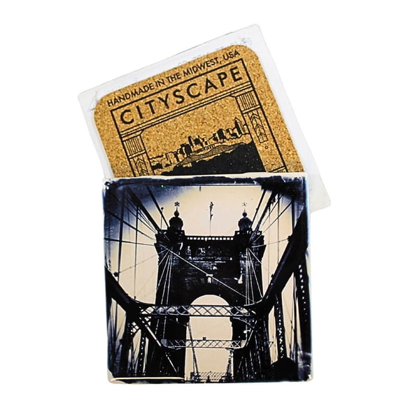 Cityscape Tiles Roebling Bridge - One Coaster 4.25 Inch, Ceramic - Landmarks Cincinnati Roebling