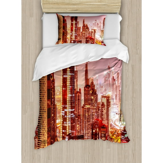 Cityscape Twin Size Duvet Cover Set, Dubai at Night Cityscape with Tall Skyscrapers Panorama Picture Arabian Peninsula, Decorative 2 Piece Bedding Set with 1 Pillow Sham, Multicolor, by Ambesonne