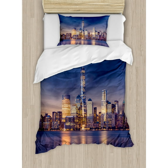 Cityscape Twin Size Duvet Cover Set, New York City Manhattan After Sunset View Picture with Skyline Reflection River, Decorative 2 Piece Bedding Set with 1 Pillow Sham, Multicolor, by Ambesonne