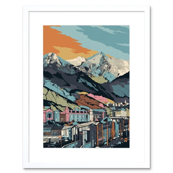 Cityscape Under Rocky Mountain Range Modern Artwork Framed Wall Art Print 9X7 Inch