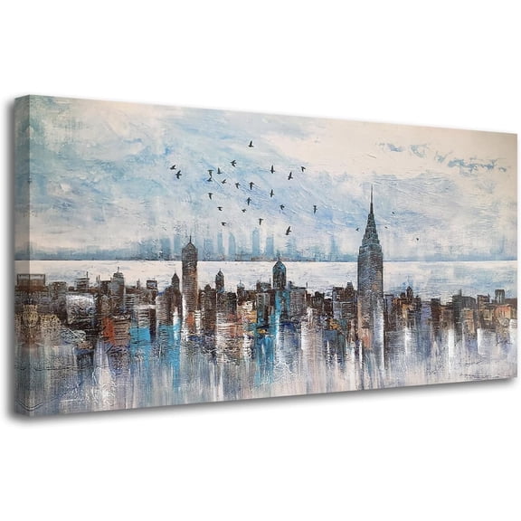 Cityscape Wall Art New York City Skyline Canvas Picture Living Room, Modern Abstract Grey NYC Painting Framed Artwork for Bedroom Home Office Mens Room Wall Decor, Large 40"x20"