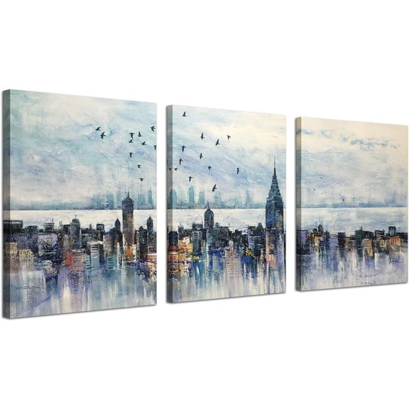 Cityscape Wall Art New York Skyline Buildings Picture Modern Abstract Grey Manhattan City View Birds Sky Painting Framed Artwork for Bedroom Living Room Bathroom Home Office Wall Decor 12"x16"x3