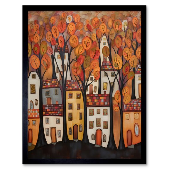 Cityscape With Trees In Autumn Contemporary Folk Art Painting Art Print Framed Poster Wall Decor 12x16 inch