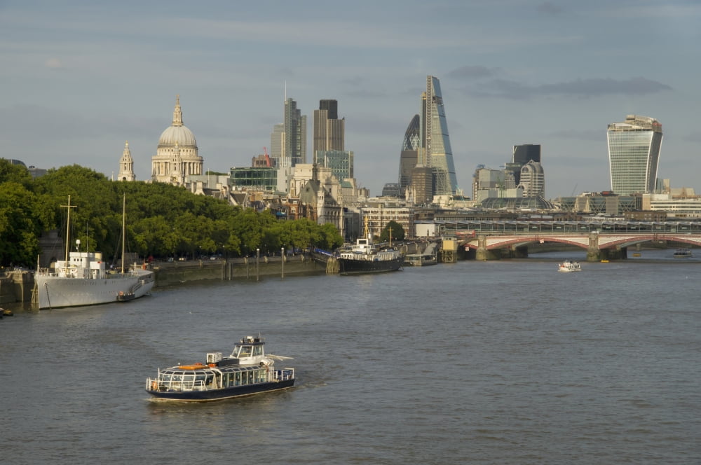Cityscape across Waterloo Bridge London England Canvas Art - Charles Bowman Design Pics (38 x 24)