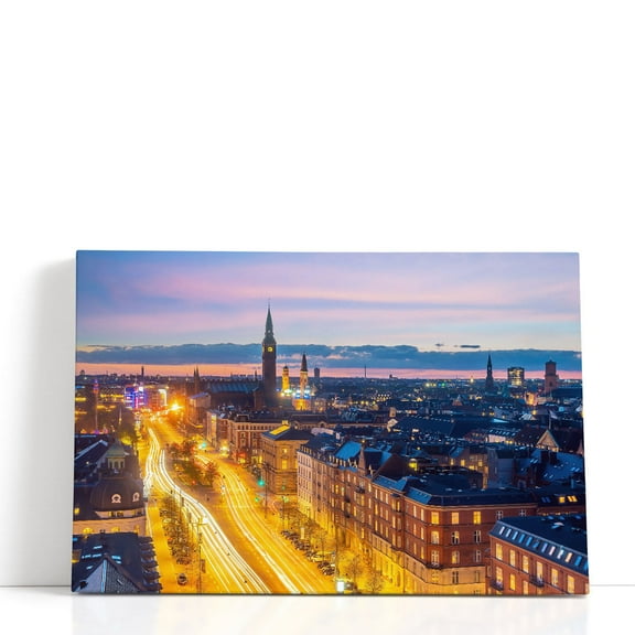 Cityscape of Downtown, Copenhagen City in Denmark - Wrapped Canvas Print Wall Art | 36" W x 24" H