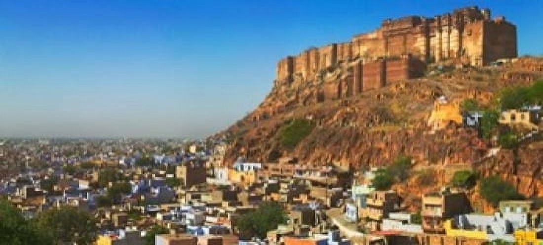 Cityscape of the Blue City with Meherangarh Majestic Fort Jodhpur Rajasthan India Canvas Art - Keren Su DanitaDelimont (24 x 12)