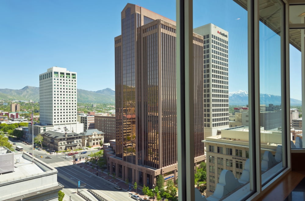 Cityscape seen through from a window Salt Lake City Utah USA Canvas Art - Panoramic Images (18 x 24)
