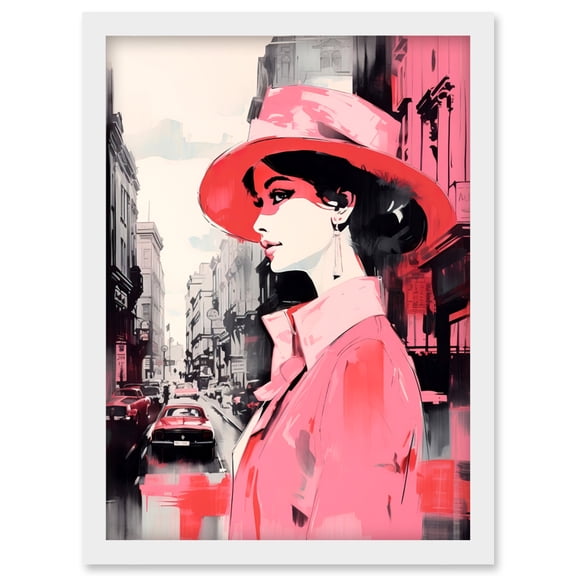 Cityscape with Woman in Vintage Pink Fashion Artwork Framed Wall Art Print A4