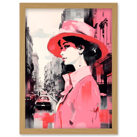 Cityscape with Woman in Vintage Pink Fashion Artwork Framed Wall Art Print A4