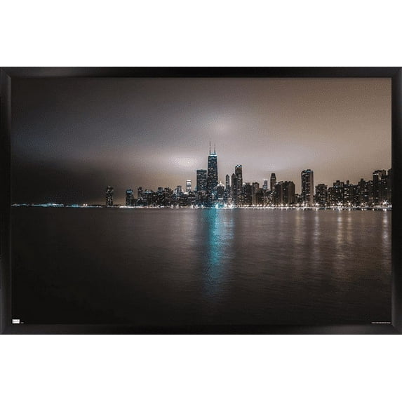 Cityscapes - Chicago, Illinois Skyline at Night Wall Poster, 22.375" x 34", Framed