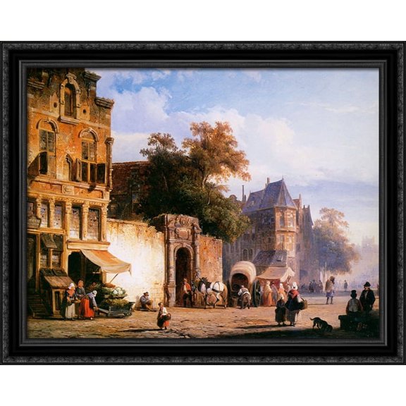 Cityview wiith marketstall 34x28 Large Black Ornate Wood Framed Canvas Art by Cornelis Springer