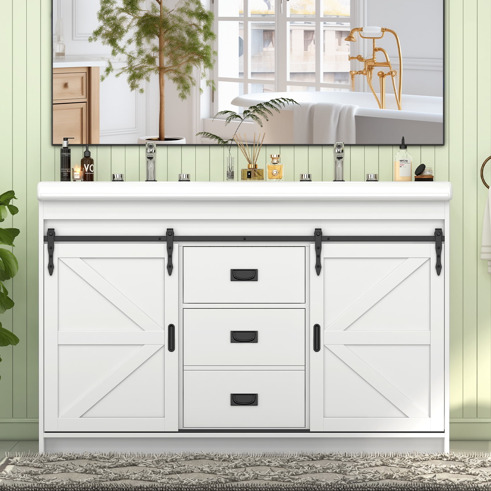 Ciumeeo 48" Bathroom Vanity Dual Basin Bathroom Storage Cabinet with Marble Countertop, White