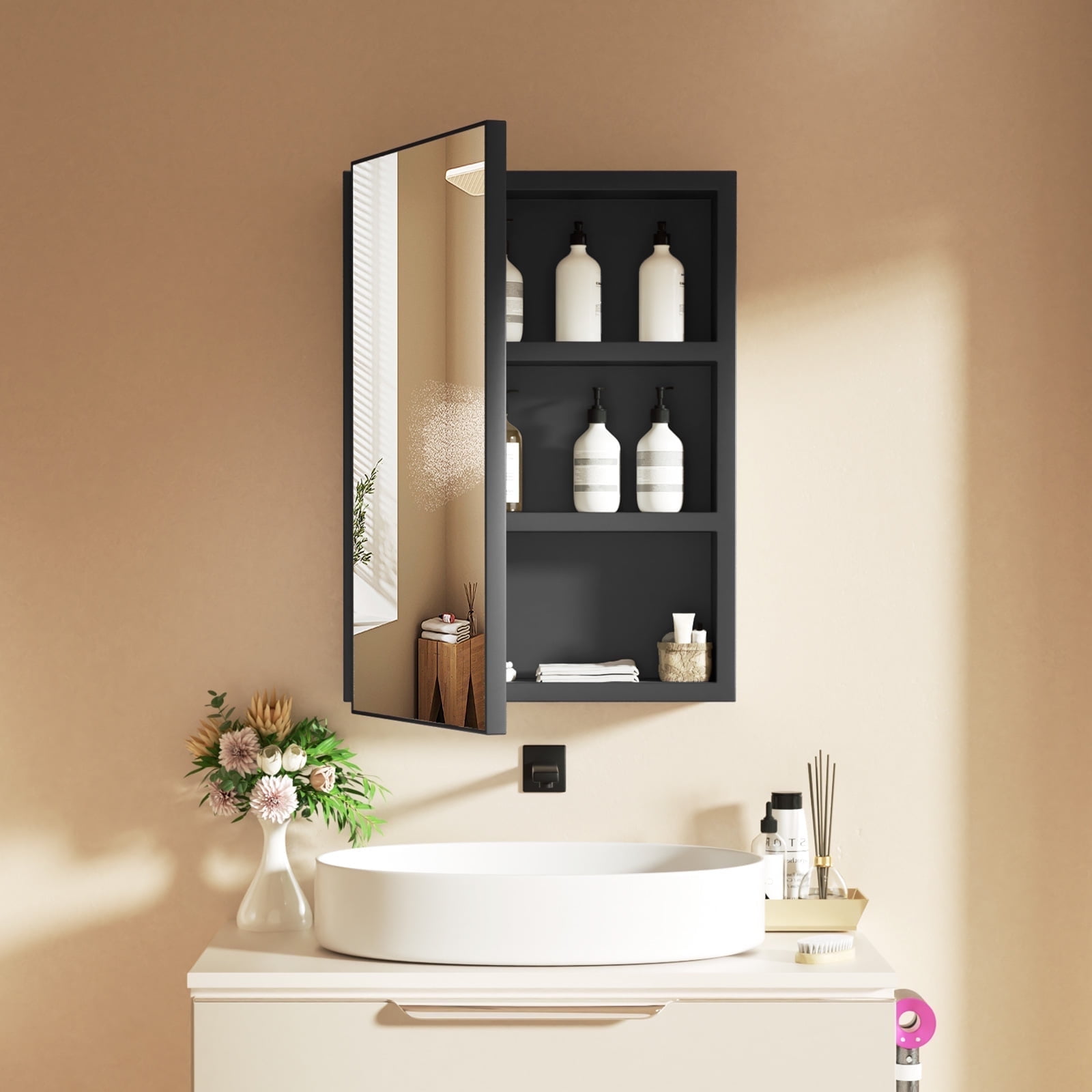 Ciumeeo Bathroom Wall Cabinet Single Door Storage Medicine Cabinet with Mirror and Hidden Shelves, Black