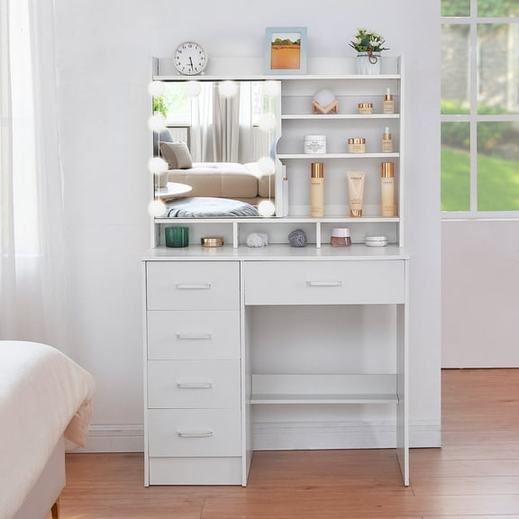 Ciumeeo Bedroom Dressing Table 10 LED Sliding Mirror & 5-Drawers Vanity Make Up Desk Set White
