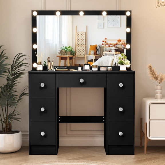 Ciumeeo Black Vanity Desk with Large Mirror Makeup Dressing Table with Drawer for Bedroom