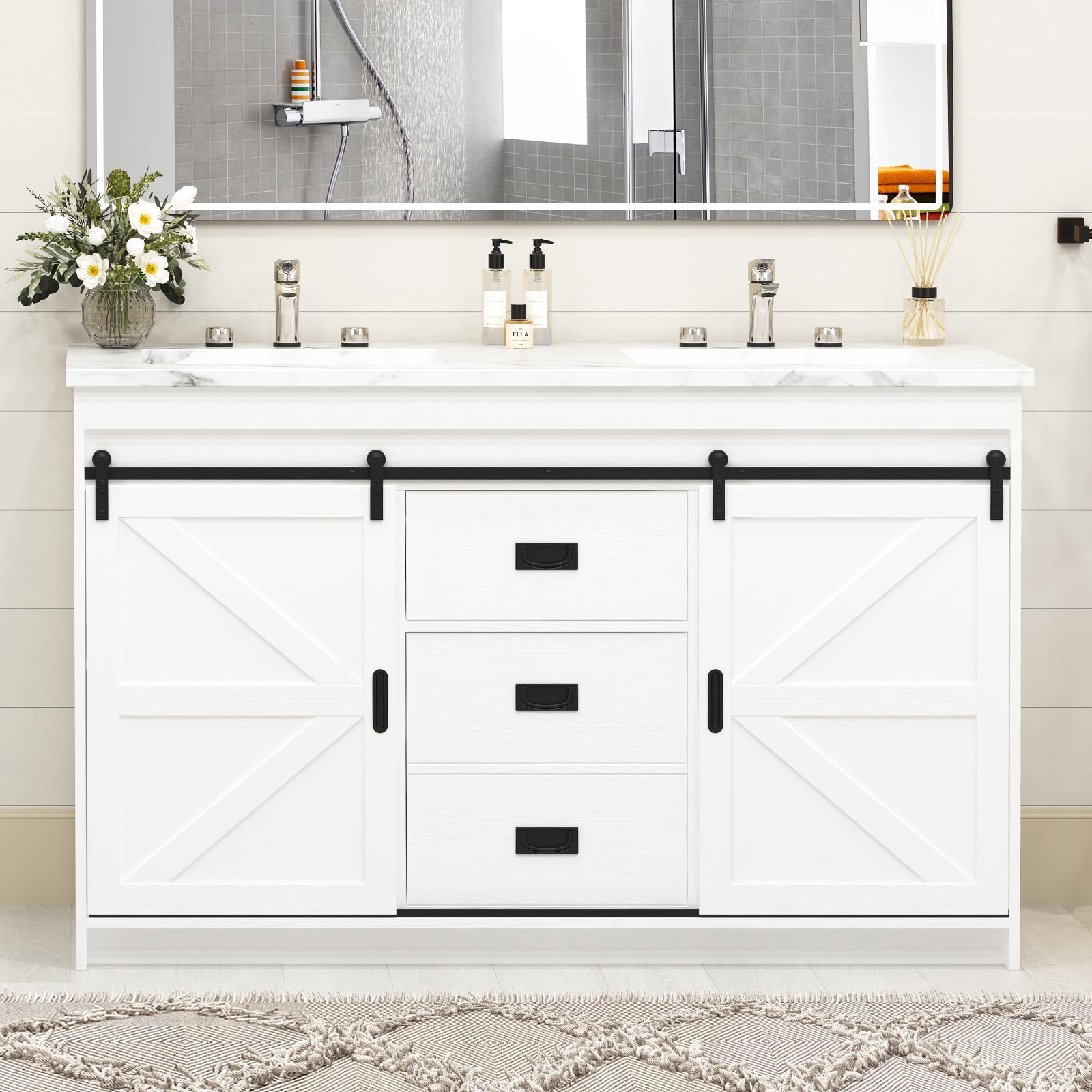 Ciumeeo Farmhouse Bathroom Vanity with Double Sink Combo, 54in Sliding ...