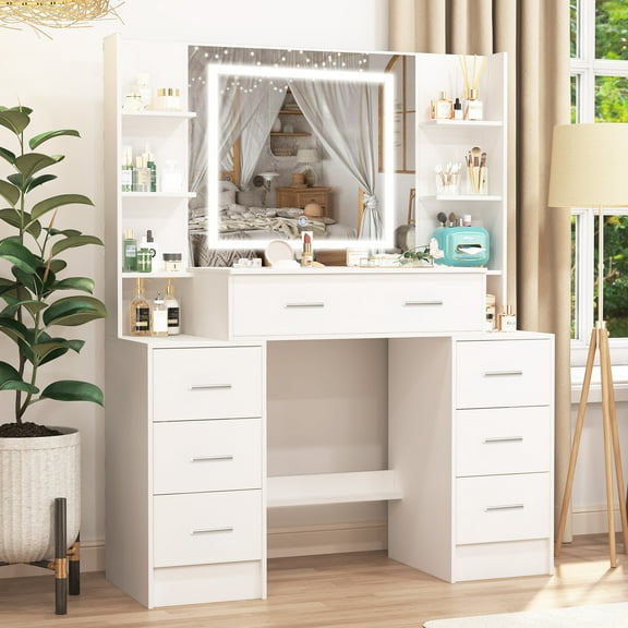 Ciumeeo Large Vanity Desk with Mirror and LED Lights, 7 Drawers, 3 Lights Mode LED Mirror, Makeup Vanity Table for Bedroom, White
