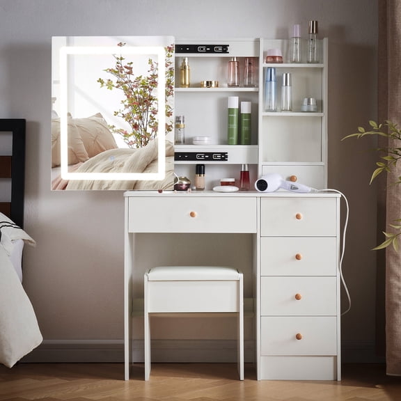Ciumeeo Large Vanity Set with LED Lighted Mirror and 3 Lighting Modes, Dressing Table with 6 Drawers and 6 Storage Shelves, Makeup Table with Stool for Women, White