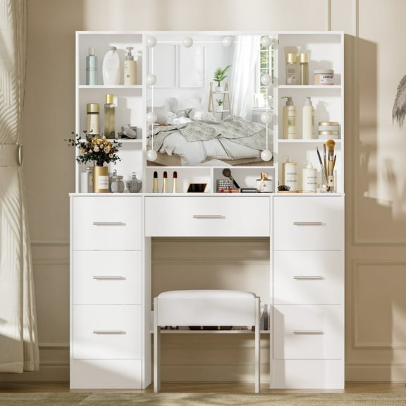 Ciumeeo Makeup Vanity Desk with Lighted Mirror, 7-Drawer Modern Vanity Table with Stool and Shelves, White