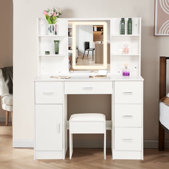 Ciumeeo Makeup Vanity with Lights and Mirror, Vanity Table with Drawers & Stool, 3 Lighting Modes, White