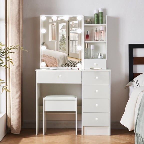Ciumeeo Makeup Vanity Set with LED Lighted Mirror Makeup Dressing Table with 4 Drawers and Shelves for Women, White