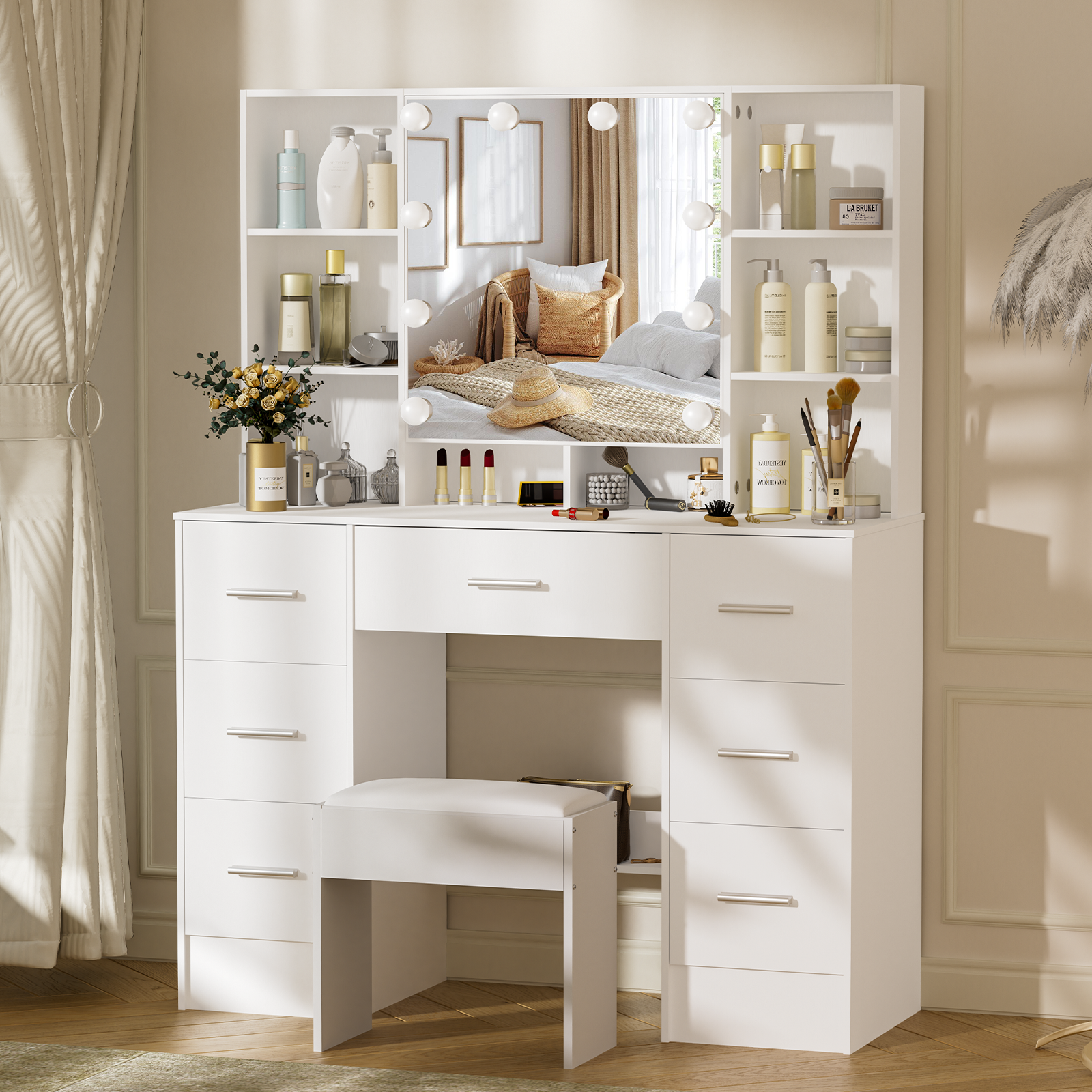 Ciumeeo Makeup Vanity Desk with Mirror, 7-Drawer Modern Vanity Table and Stool, White