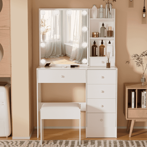 Ciumeeo Modern Makeup Vanity Set with Lighted Mirror, 6 Drawer & 5 Shelves, Vanity with Stool for Bedroom, 3 Lighting Modes, White