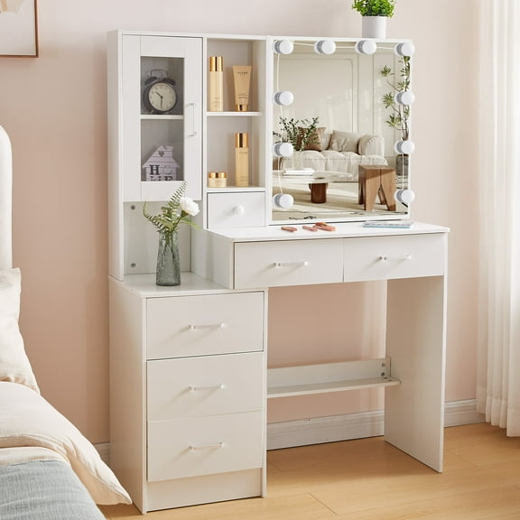 Ciumeeo Modern Makeup Vanity Table with Sliding Lighted Mirror, Dressing Desk with Drawers & Shelves for Women, White