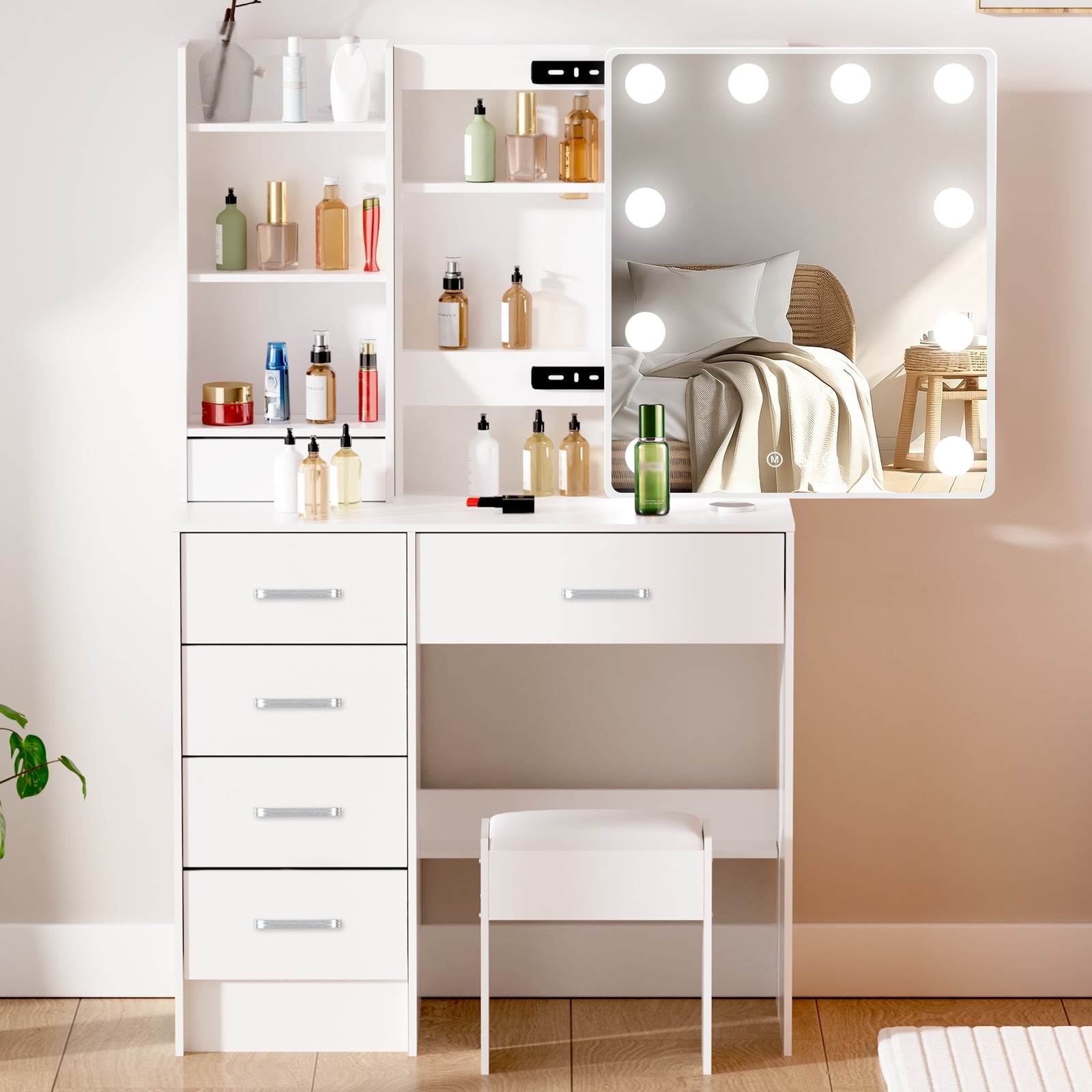 Ciumeeo Vanity Desk for Bedroom, Modern Makeup Vanity with LED Lighted ...