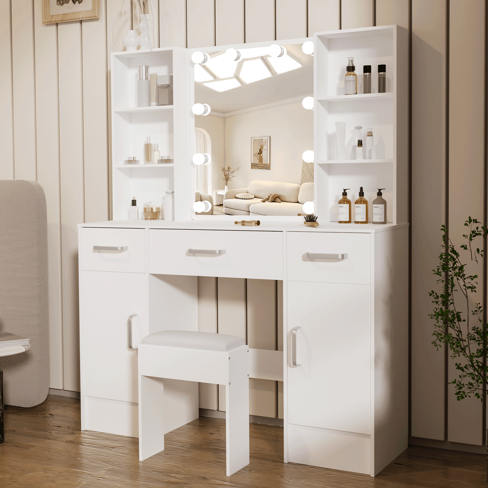 Ciumeeo Vanity Desk with Mirror and Lights, White Makeup Vanity Desk with Mirror Lights Vanity Table Set, 3 Drawers & 2 Cabinet, 3 Lighting Modes, Brightness Adjustable