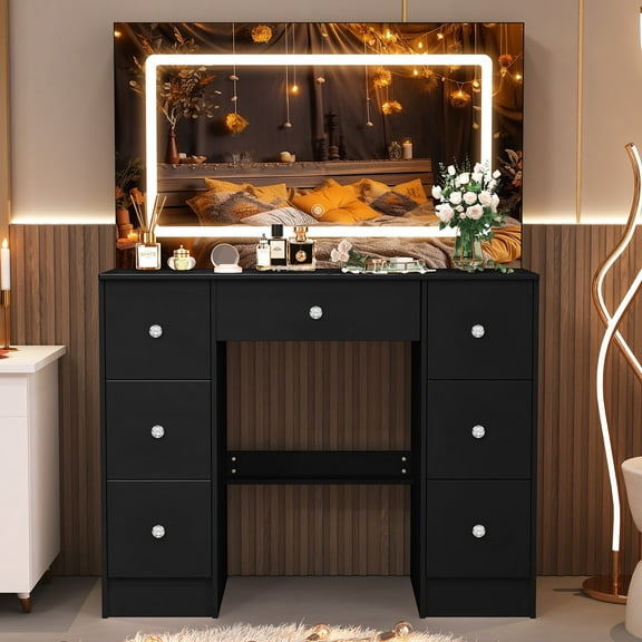 Ciumeeo Vanity Desk with Large LED Lighted Mirror, Makeup Vanity Table with 7 Drawers for Bedroom, Black
