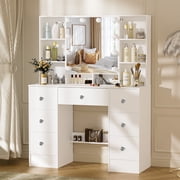 Ciumeeo Vanity Desk With Mirror and Lights Makeup Vanity Table with 7 Drawers & Storage Shelves, White