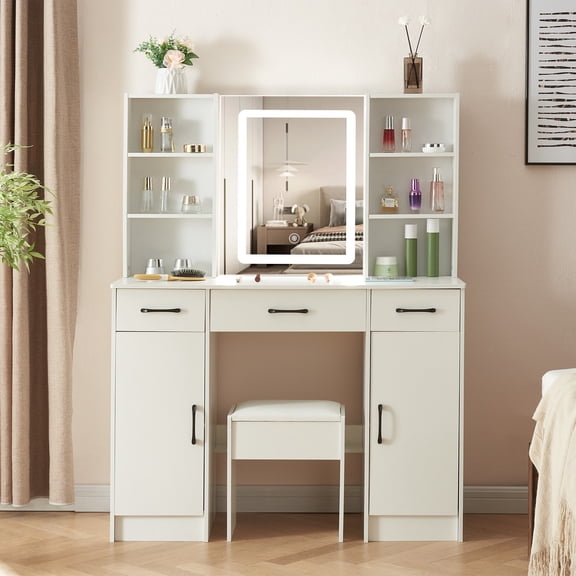 Ciumeeo Vanity Desk with LED Lights and Mirror Makeup Dressing Table with Stool and Shelves and Cabinets for Girls, White