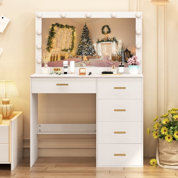 Ciumeeo Vanity Desk with Large LED Mirror, Makeup Vanity with Drawers for Girl, White