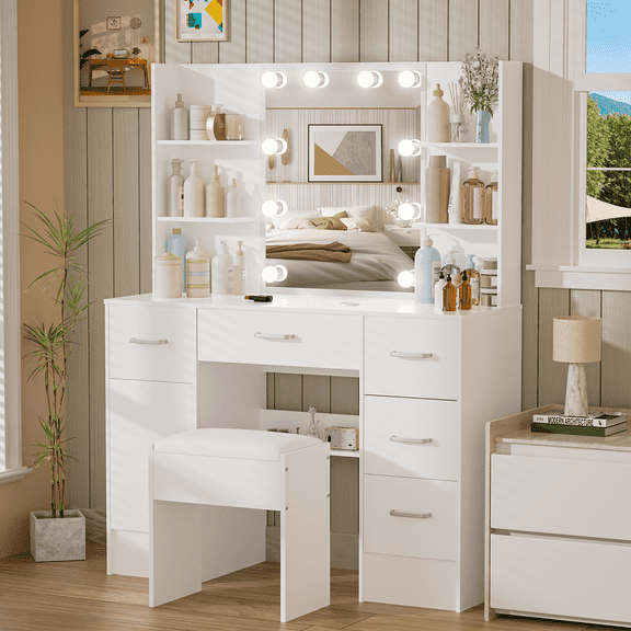 Ciumeeo Vanity Desk with Mirror & Lights, 3 Color Lighted 6 Drawers Dressing Table with Stool,White