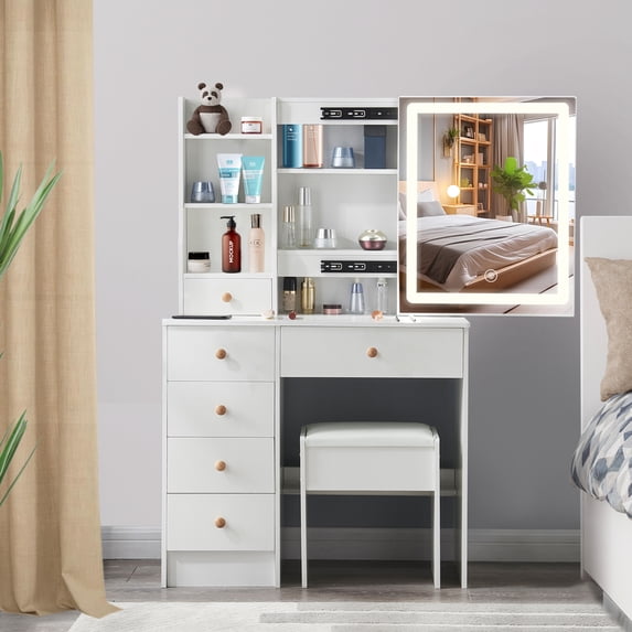 Caulitar Makeup Vanity Table with Lighted Mirror, Vanity Desk with 6 Drawers & 6 Storage Shelves, 3 Color Modes & Adjustable Brightness Dressing Table, Bedroom, White
