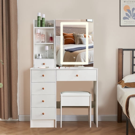 Ciumeeo Vanity Desk with Stool and Sliding Mirror Makeup Dressing Table with Drawers White Vanity Set for Girls