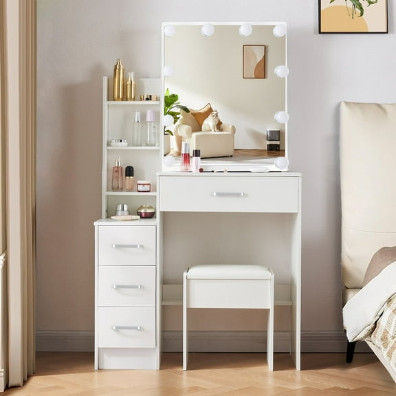 Ciumeeo Vanity Makeup Table Dressing Desk with Stool Set 10 LED Lighted Mirror for Women White