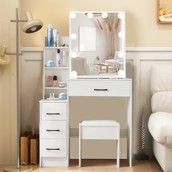 Ciumeeo Vanity Table Set With Sliding Mirror and Lights Vanity Set with Stool and Shelves Makeup Desk for Bedroom, White