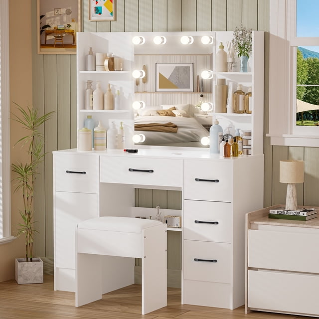 Ciumeeo Vanity Dresser Set with Mirror, Large Makeup Vanity Desk with 5