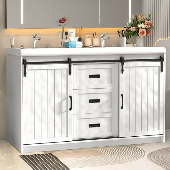 Ciumeeo White Bathroom Vanity Cabinet with Double Ceramic Sink and Sliding Doors