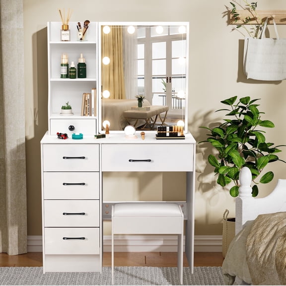 Ciumeeo White Vanity Desk with Sliding Mirror & Lights, Vanity Table with 6 Drawers, Lots of Storage Shelves, Vanity Set with Cushioned Stool