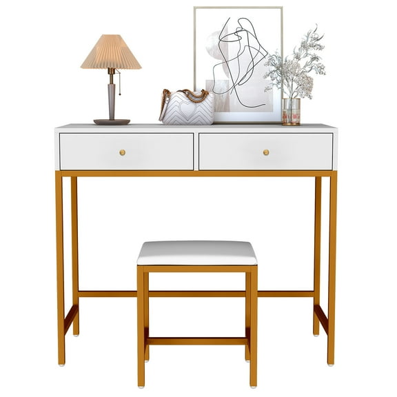 Ciumeeo Writing Desk with Cushioned Stool Set, 2 Drawers, for Home Office, 35.4''x15.7'', White
